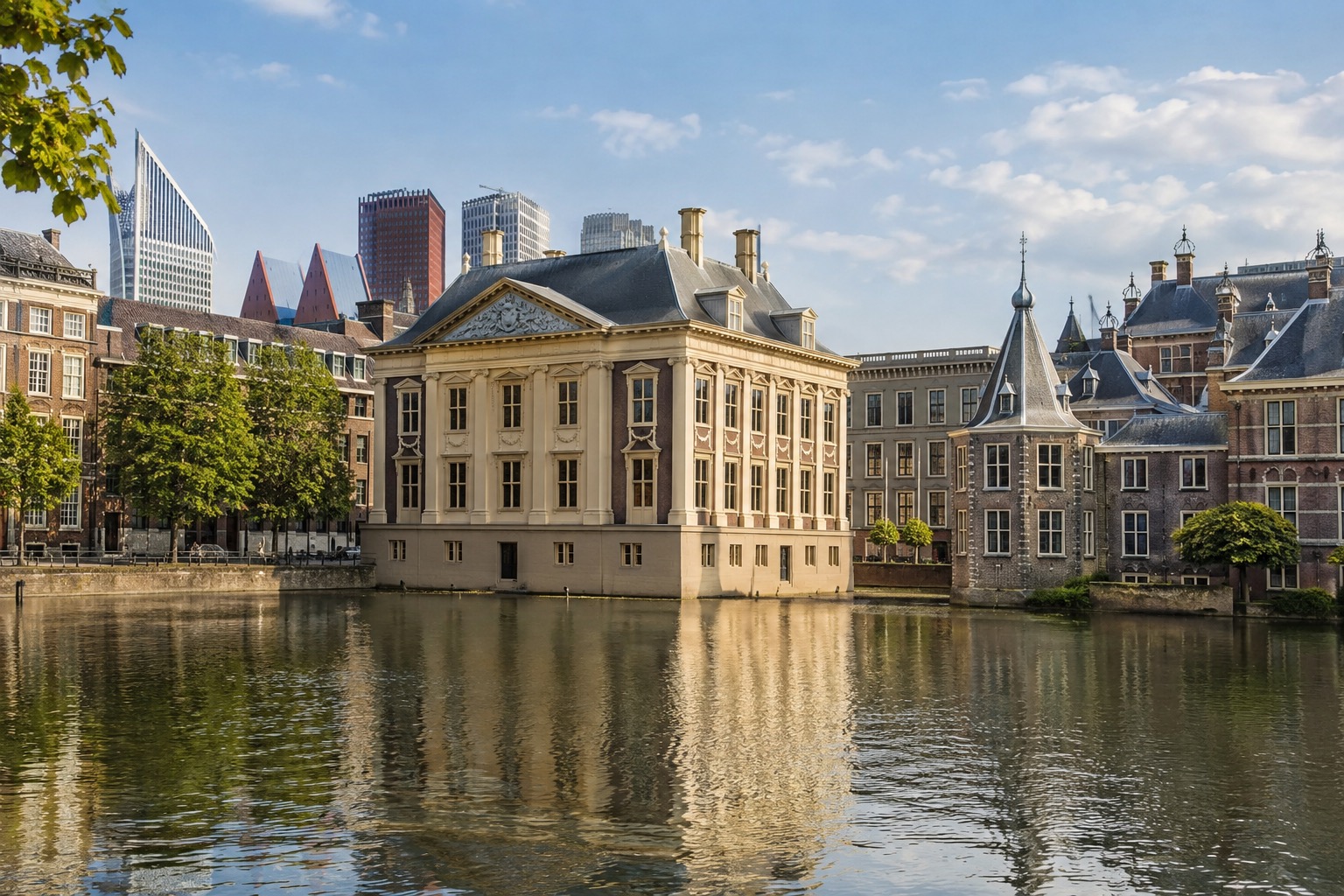 The Mauritshuis, a 17th-century townhouse museum on a canal in The Hague