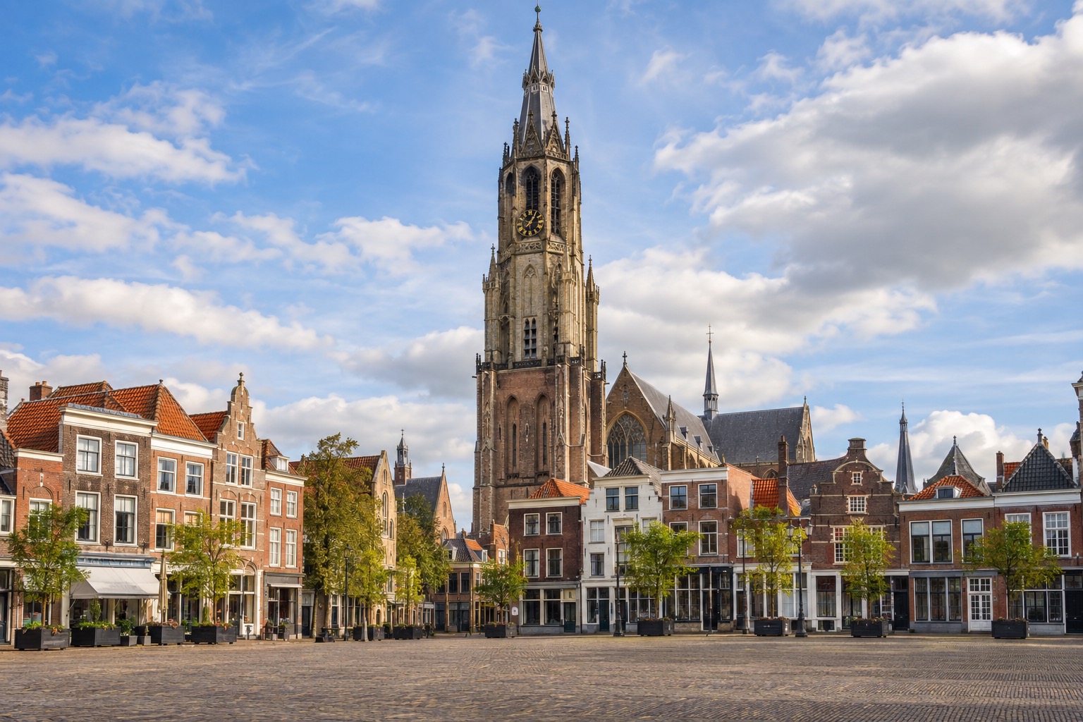 The Nieuwe Kerk church tower rising above Delft's market square
