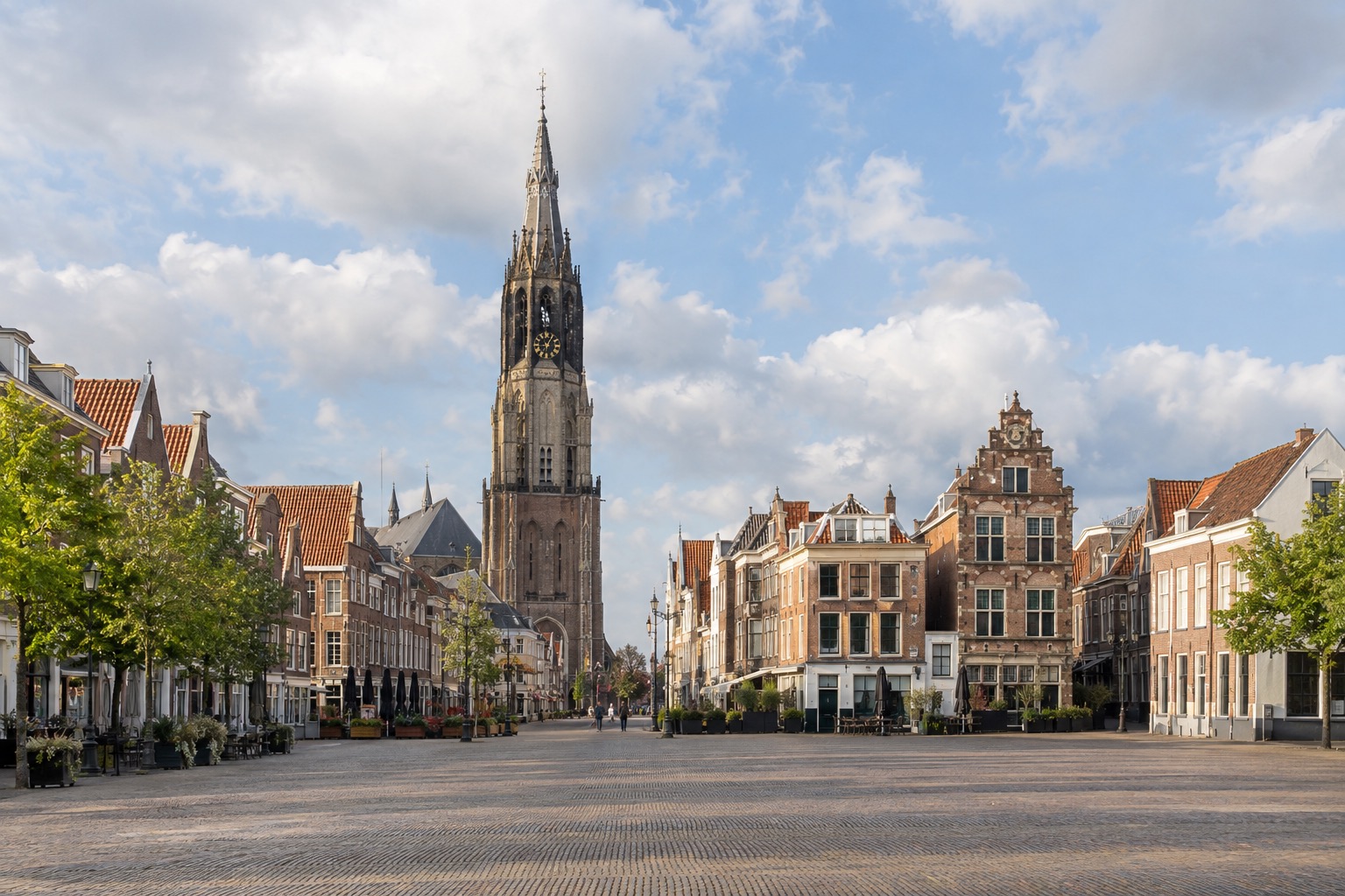 Delft's historic market square with the New Church tower in the background