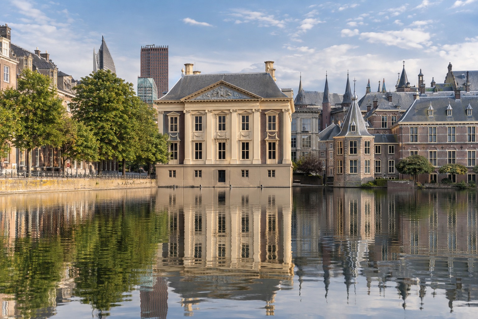 The Mauritshuis building reflected in the Hofvijver lake in The Hague
