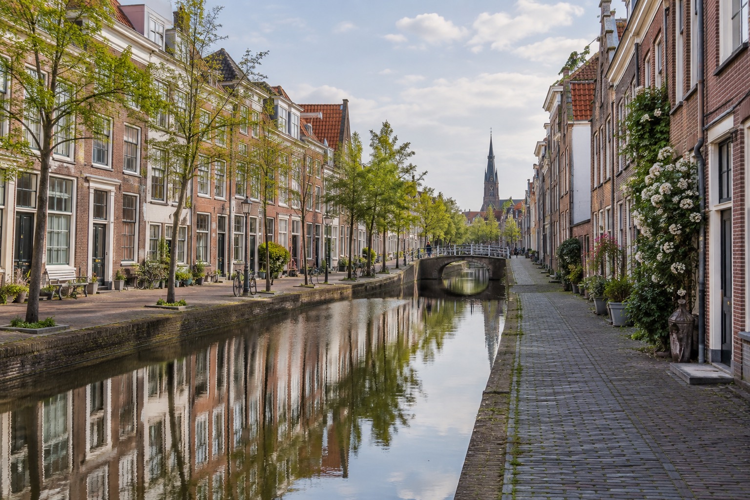 A quiet canal street in Delft lined with brick townhouses